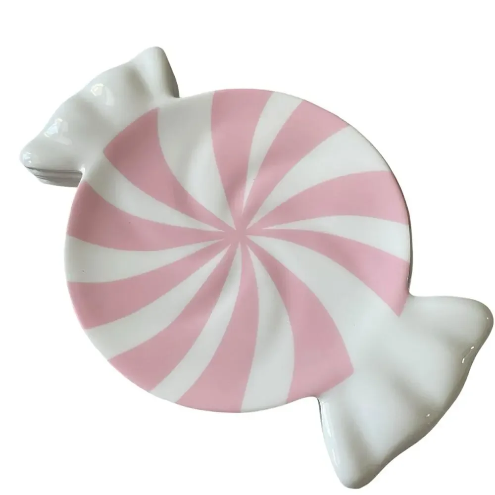 Peppermint Candy Shaped Melamine Christmas Appetizer Plate Set 4 PINK & White